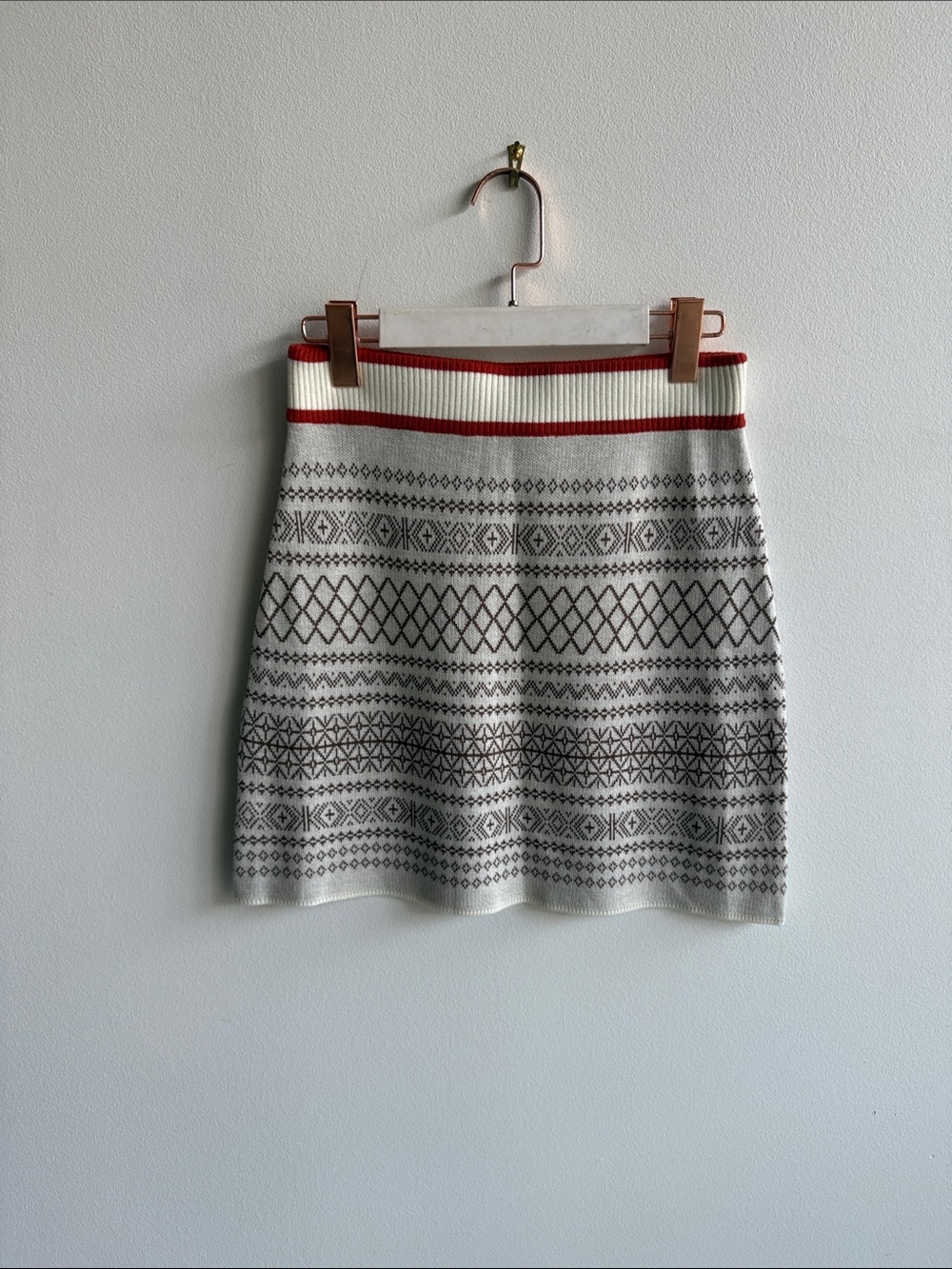 Cream Knit Mini Skirt with Black Pattern and Red Waistband